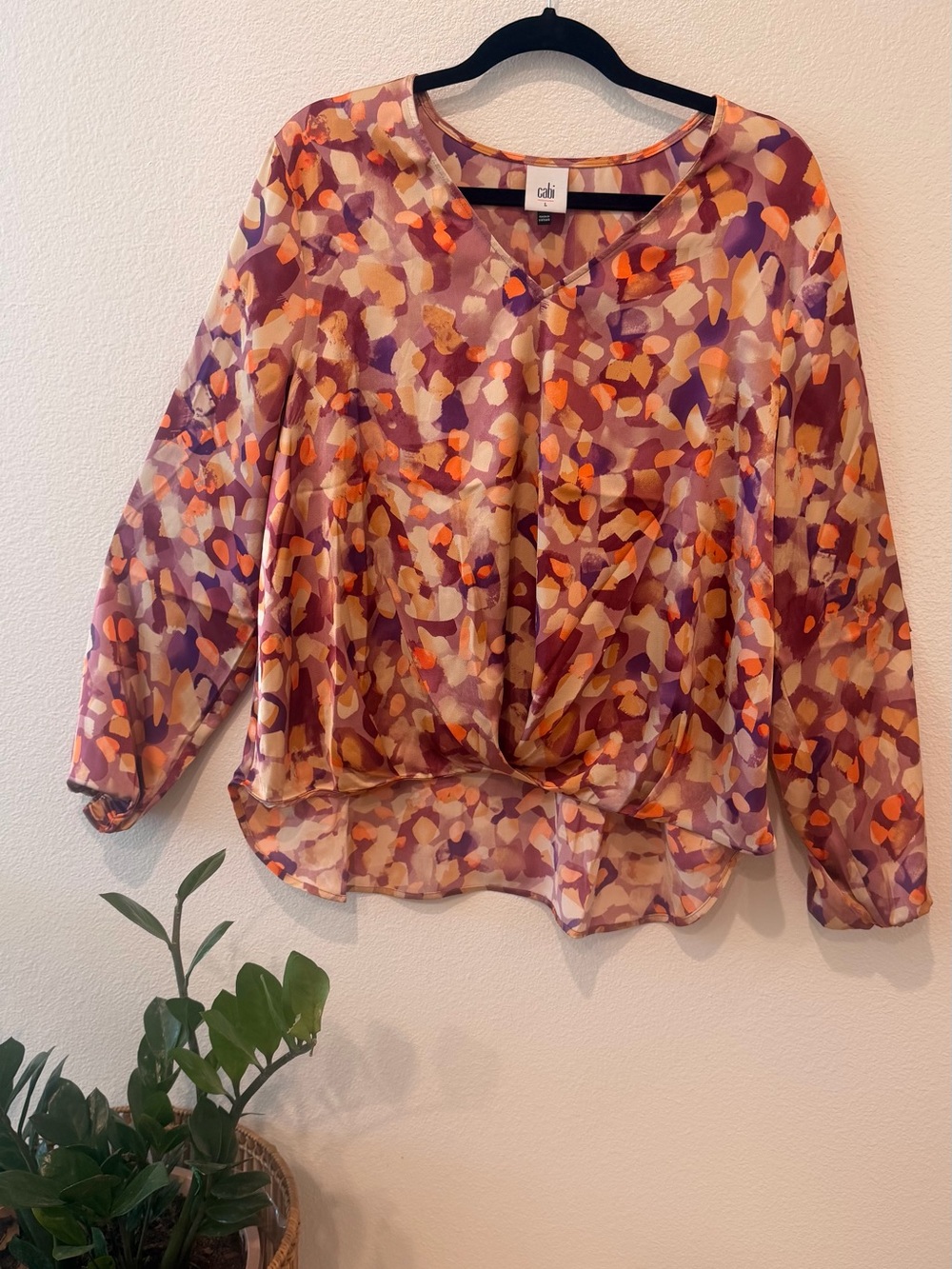 CAbi Purple and Orange Abstract Twist-Front Blouse